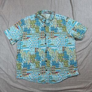 Vatpave Shirt Mens XL Blue Green‎ Aztec Geometric Short Sleeve Button Up Cotton